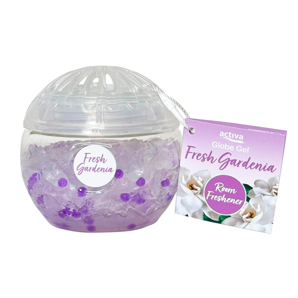 Activa Globe Gel Fresh Gardenia 130 g i gennemsigtig beholder med lilla duftgel