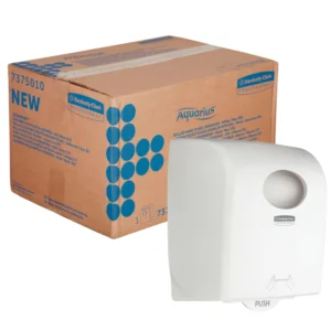 Aquarius hvid håndklæderulle dispenser 7375 ved siden af transportkasse