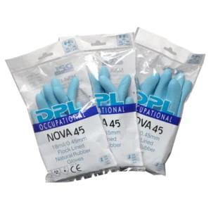 Blå DPL Nova 45 latexhandske med indvendig velourisering i pakke med 12 par