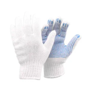 Strikket arbejdshandske i hvid og blå med PVC dotter str. M