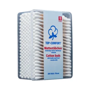 Vatpinde i æske med træskaft og hvide vatender