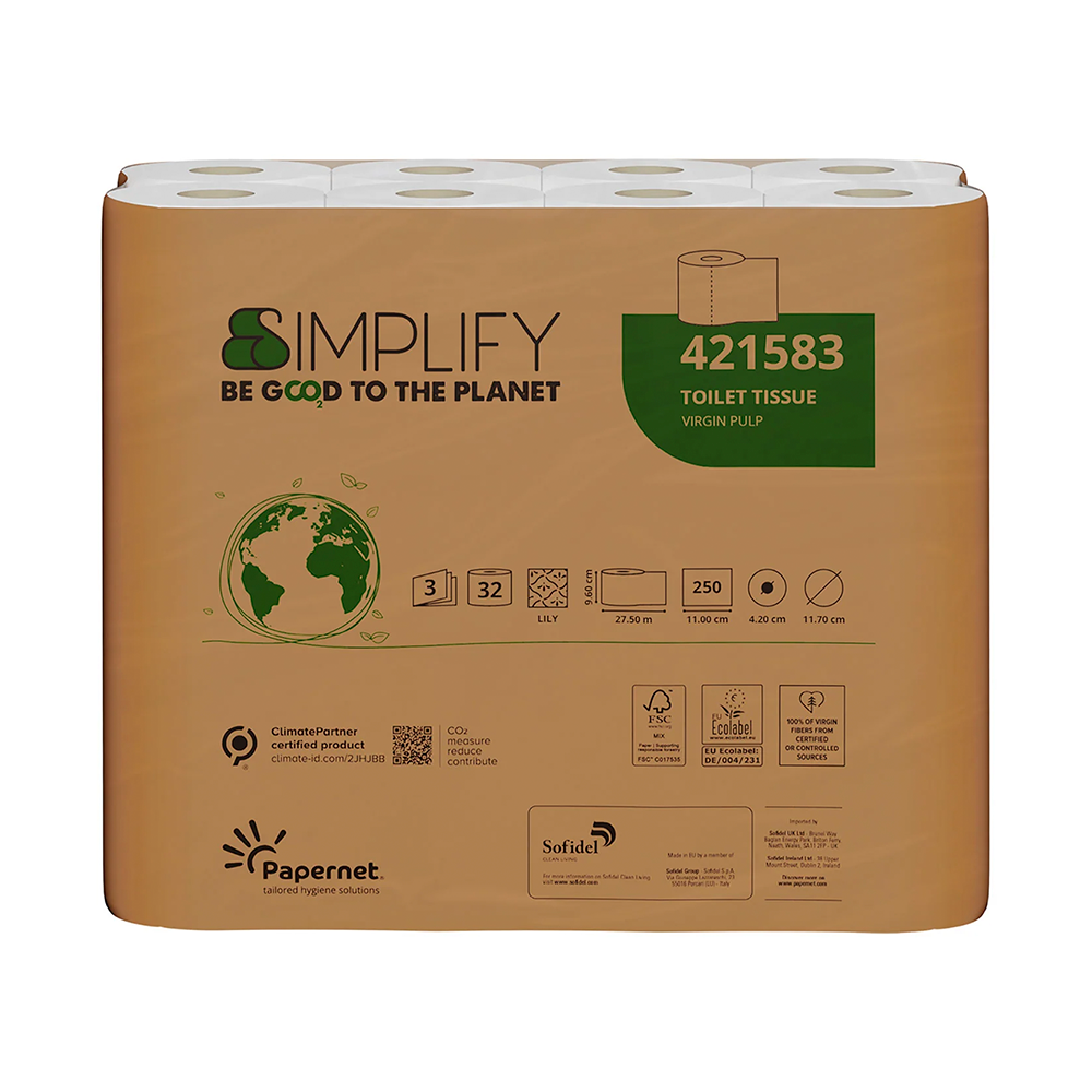 Papernet Simplify toiletpapir 3-lag med 32 ruller pr. karton.